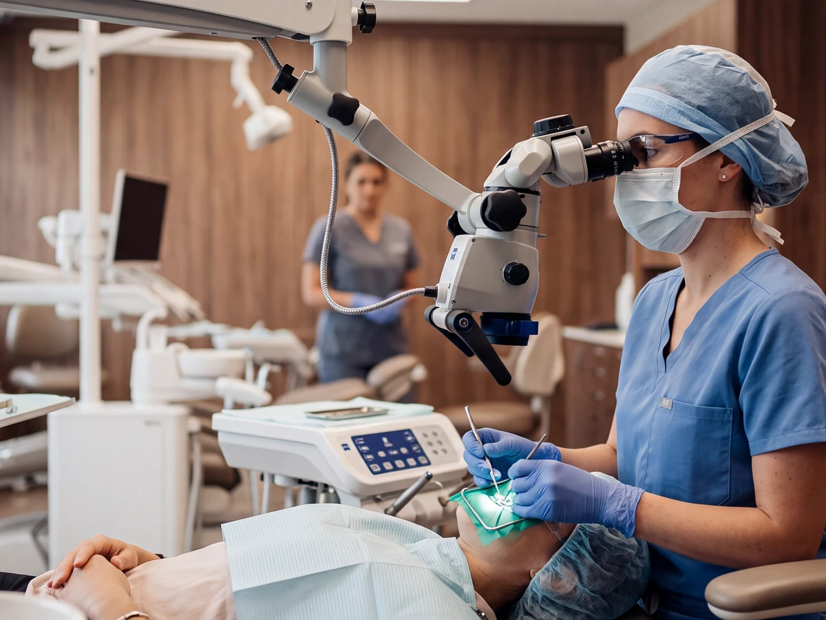 Atendimento com microscópio odontológico